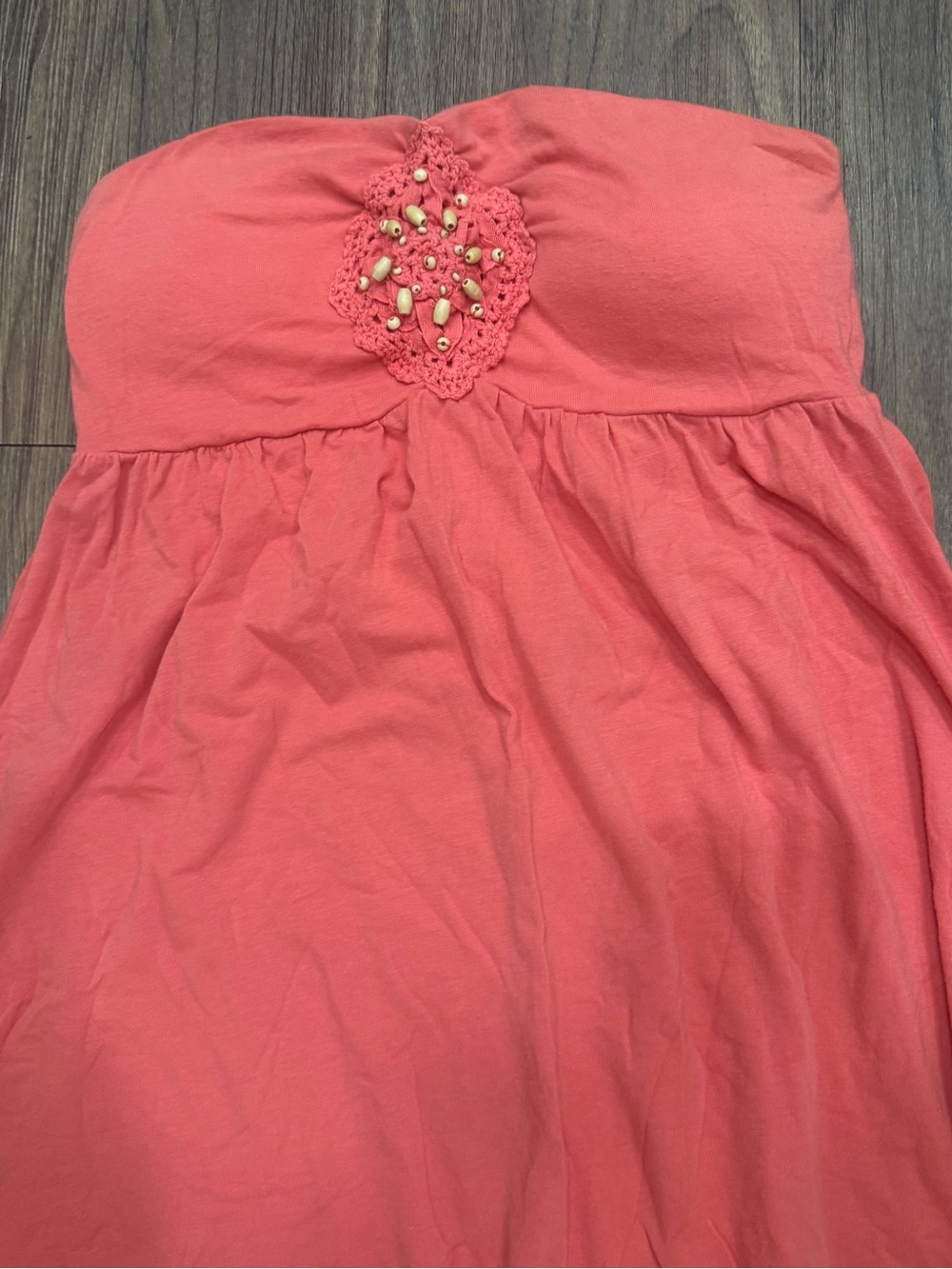 Strapless Coral Tube Dress with Beaded Crochet Accent (CL-3)